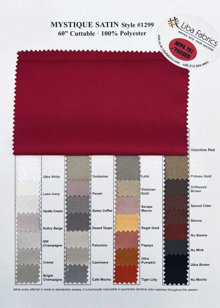 Mystique satin fabric color card also known as Lamour satin